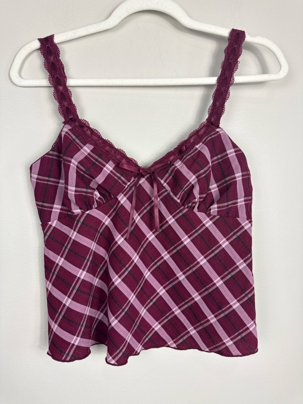 Plaid Babydoll Top Womens Small No Boundaries Lace Bow Red Pink Shirt Y2K NWT